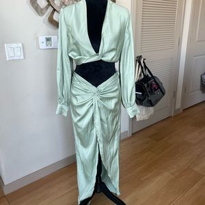 Green satin two piece sexy skirt set draped